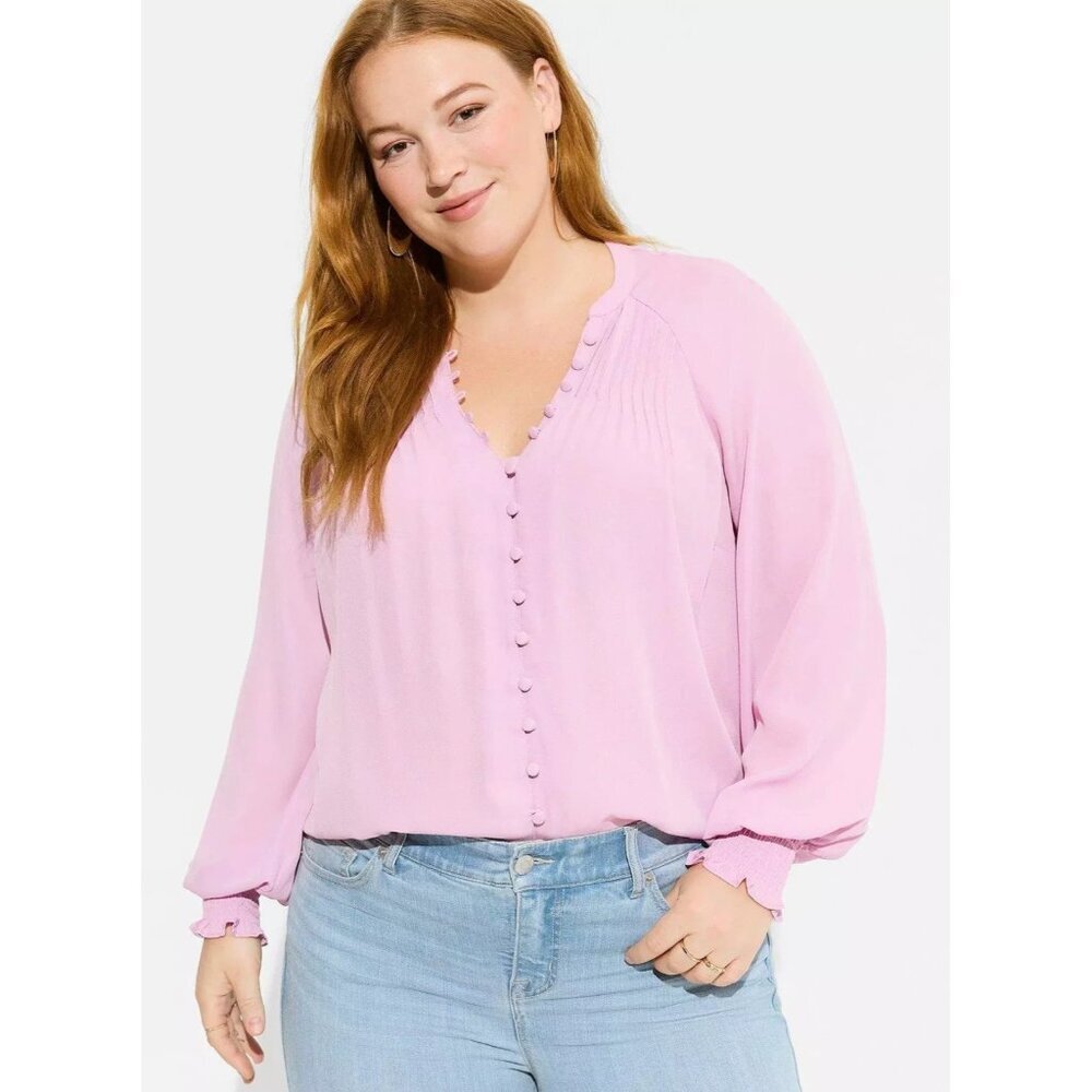 Georgette Smocked Blouson Long Sleeve Blouse Mauve Mist Pleated Size 0 (XL)